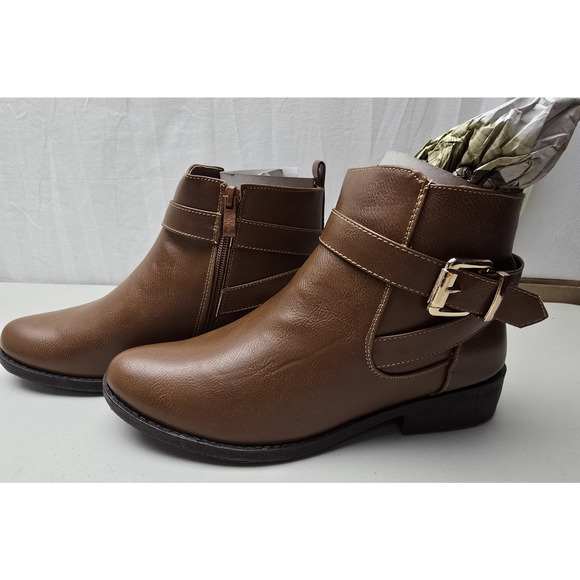 Women’s Adelaide Tan Ankle Boots Size 10 Zip Buckle Strap Low Heel Faux Leather - Picture 5 of 6